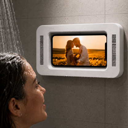 Support ShowerView en situation dans une douche avec téléphone